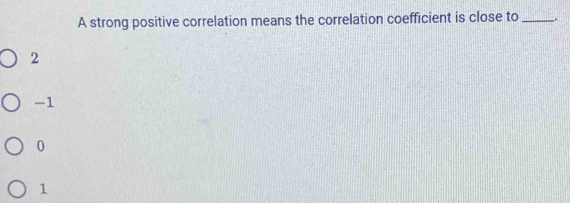 A strong positive correlation means the correlation coefficient is close to_ .
2
-1
0
1