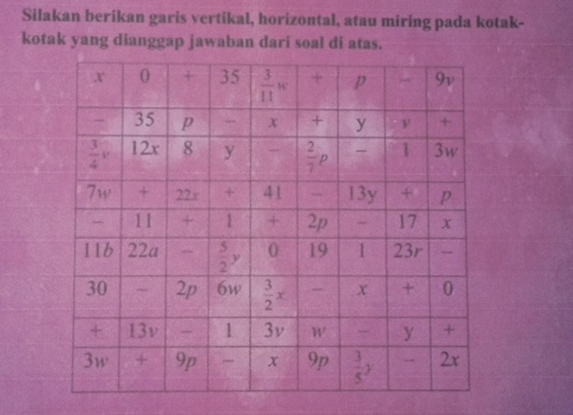 Silakan beríkan garis vertikal, horizontal, atau miring pada kotak-
kotak yang dianggap jawaban dari soal di atas.