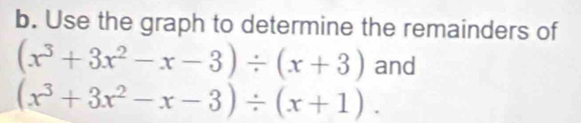 Use the graph to determine the remainders of
(x^3+3x^2-x-3)/ (x+3) and
(x^3+3x^2-x-3)/ (x+1).