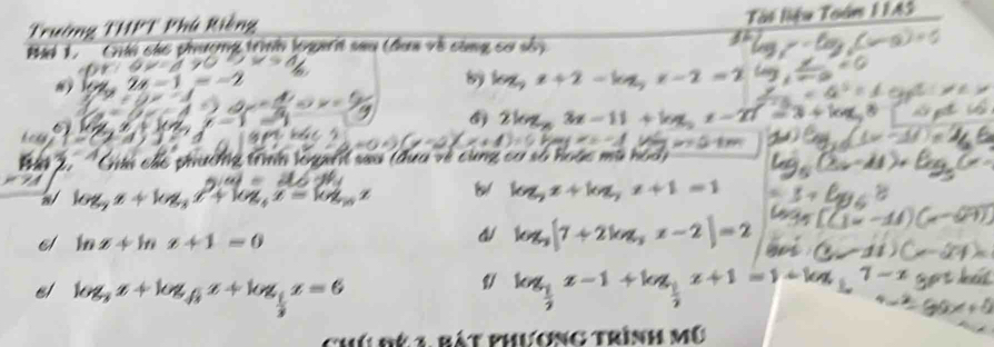 Ti liệu Toán 11AS 
Trường T h 
Pi 1. Chái các phưương trình logarit sa

x_2=1
log _5x+2-log _5x-2=2
2log _a3x-11+log _5x-27
bey () (m5+m 
Bao 2 Tựa về cùng cơ sở hoặc mã hódi 
6x t'+log _4x=log _10x b/ log _5x+log _7x+1=1
el ln x+ln x+1=0
log _3[7+2log _3x-2]=2
log _3x+1
x=6
log _ 1/2 x-1+log _ 1/2 x+1=1+
Chú Hý 3 Bát Phương trình mô