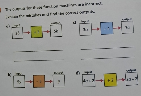 The outputs for these function machines are incorrect.
Explain the mistakes and find the correct outputs.
a) inputc)
 
_
_
_
_
b) input
d) input output
4a+2 / 2 2a+2