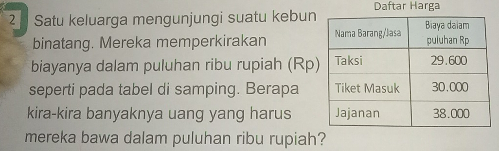 Daftar Harga 
2 Satu keluarga mengunjungi suatu kebun 
binatang. Mereka memperkirakan 
biayanya dalam puluhan ribu rupiah (Rp 
seperti pada tabel di samping. Berapa 
kira-kira banyaknya uang yang harus 
mereka bawa dalam puluhan ribu rupiah?