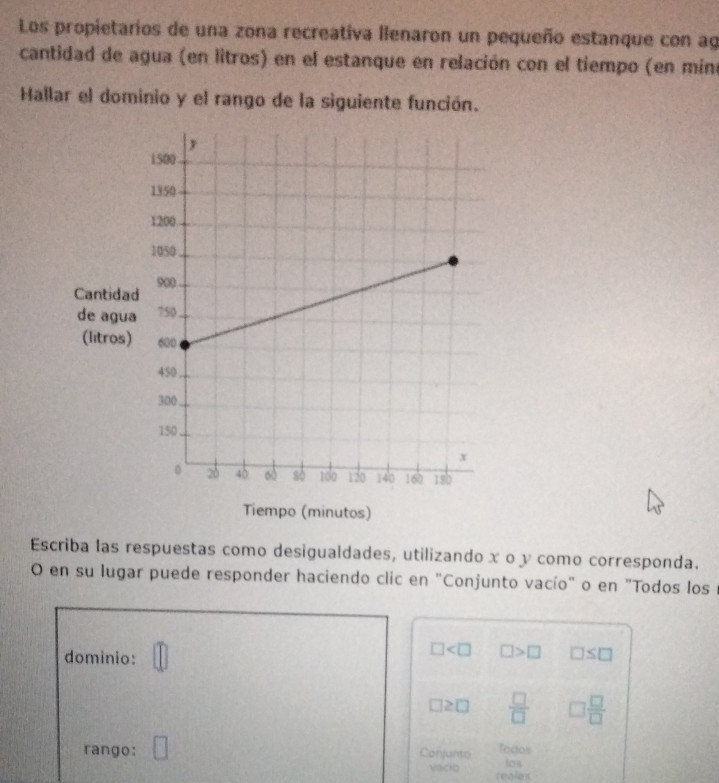 Los propietarios de una zona recreativa llenaron un pequeño estanque con ag 
cantidad de agua (en litros) en el estanque en relación con el tiempo (en mina 
Hallar el dominio y el rango de la siguiente función. 
Escriba las respuestas como desigualdades, utilizando x o y como corresponda. 
O en su lugar puede responder haciendo clic en "Conjunto vacío" o en "Todos los
□ □ >□
dominio: □ ≤ □
□ ≥ □  □ /□   □  □ /□  
rango: □ Conjunto Todos 
fors 
vacio reales