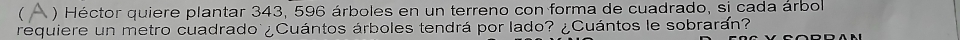 ) Héctor quiere plantar 343, 596 árboles en un terreno con forma de cuadrado, si cada árbol 
requiere un metro cuadrado ¿Cuántos árboles tendrá por lado? ¿Cuántos le sobrarán?
