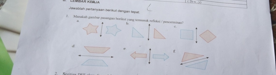 LEMBAR KERJA
(2h-x,y)
Jawablah pertanyaan berikut dengan tepat
1. Manakah gambar pasangan berikut yang termasuk refleksi / pencerminan?
c.
2. Segitiga