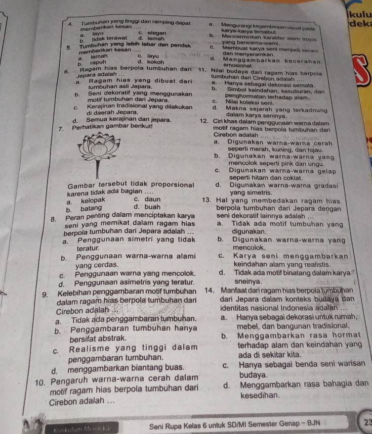 kulu
4. Tumbuhan yang tinggi dan ramping dapat a. Mengurangi kegembiraan visual pada dek
memberikan kesan ....
b. fidak terawat a. layu c. elegan
karya-karya tersebut
b. Mencerminkan karakler alam tropis
d. lemah  yang berwama-warni.
5. Tumbuhan yang lebih lebar dan pendek c. Membuat karya seni menjadi seram
memberikan kesan ....
b. rapuh a. lemah c. layu
dan menyeramkan.
d. kokoh d. Menggambarkan kecerahan
emosional.
6. Ragam hias berpola tumbuhan dari     11. Nilai budaya dari ragam hias berpola
Jepara adalah ...
tumbuhan dari Cirebon adalah
a Ragam hias yang dibuat dari a. Hanya sebagai dekorasi semata
tumbuhan asli Jepara. b. Simbol keindahan, kesuburan, dan
b. Seni dekoratif yang menggunakan c. Nilai koleksi seni. penghormatan terhadap alam.
      
motif tumbuhan dari Jepara.
c. Kerajinan tradisional yang dilakukan d. Makna sejarah yang terkadnung
di daerah Jepara.
dalam karya seninya.
d. Semua kerajinan dari jepara. 12. Ciri khas daiam pengguṇaan warna dalam
7. Perhatikan gambar berikut! motif ragam hias berpola tumbuhan dar
Cirebon adalah
a. Digunakan warna-warna cerah
seperti merah, kuning, dan hijau.
b. Digunakan warna-warna yang
mencolok seperti pink dan ungu.
c. Digunakan warna-warna gelap
seperti hitam dan coklat.
Gambar tersebut tidak proporsional d. Digunakan warna-warna gradasi
karena tidak ada bagian .... yang simetris.
a. kelopak c. daun 13. Hal yang membedakan ragam hias
b. batang d. buah berpola tumbuhan dari Jepara dengan
8. Peran penting dalam menciptakan karya seni dekoratif lainnya adalah ...
seni yang memikat dalam ragam hias a. Tidak ada motif tumbuhan yang
berpola tumbuhan dari Jepara adalah ... digunakan.
a.  Penggunaan simetri yang tidak b. Digunakan warna-warna yang
teratur. mencolok.
b. Penggunaan warna-warna alami c. Karya seni menggambarkan
yang cerdas. keindahan alam yang realistis.
c. Penggunaan warna yang mencolok. d. Tidak ada motif binatang dalam karya
d. Penggunaan asimetris yang teratur. sneinya.
9. Kelebihan penggambaran motif tumbuhan 14. Manfaat dari ragam hias berpola tumbuhan
dalam ragam hias berpola tumbuhan dari dari Jepara dalam konteks budaya dan
Cirebon adalah identitas nasional Indonesia adalah ...
a. Tidak ada penggambaran tumbuhan. a. Hanya sebagai dekorasi untuk rumah,
b. Penggambaran tumbuhan hanya mebel, dan bangunan tradisional.
bersifat abstrak. b. Menggambarkan rasa hormat
c. Realisme yang tinggi dalam terhadap alam dan keindahan yang
penggambaran tumbuhan. ada di sekitar kita.
d. menggambarkan biantang buas. c. Hanya sebagai benda seni warisan
10. Pengaruh warna-warna cerah dalam budaya.
motif ragam hias berpola tumbuhan dari d. Menggambarkan rasa bahagia dan
Cirebon adalah ... kesedihan.
Kaskalum Merdcka Seni Rupa Kelas 6 untuk SD/MI Semester Genap - BJN 23