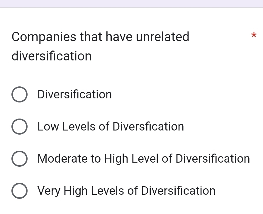 Companies that have unrelated
*
diversification
Diversification
Low Levels of Diversfication
Moderate to High Level of Diversification
Very High Levels of Diversification