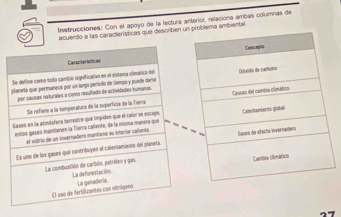 Instrucciones: Con el apoyo de la lectura anterior, relaciona ambas columnas de 
acuerdo a las características que describen ulema ambiental 
27