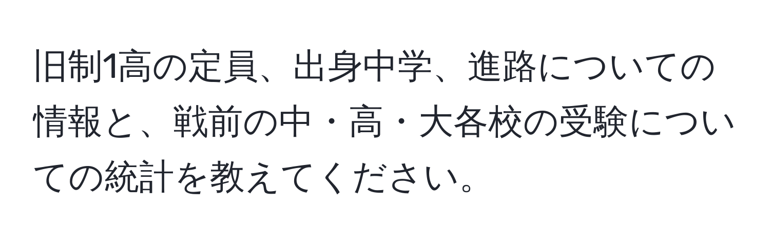 旧制1高の定員、出身中学、進路についての情報と、戦前の中・高・大各校の受験についての統計を教えてください。