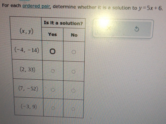 For each ordered pair, determine whether it is a solution to y=5x+6.