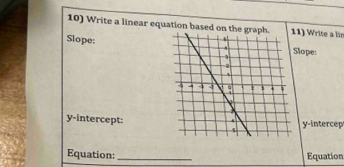 Write a linear equation based on the 11) Write a lir 
Slope: Slope: 
y-intercept: y -intercep 
Equation: _Equation