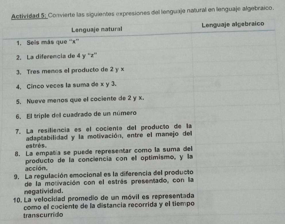 nguaje natural en lenguaje algebraico. 
transcurrido