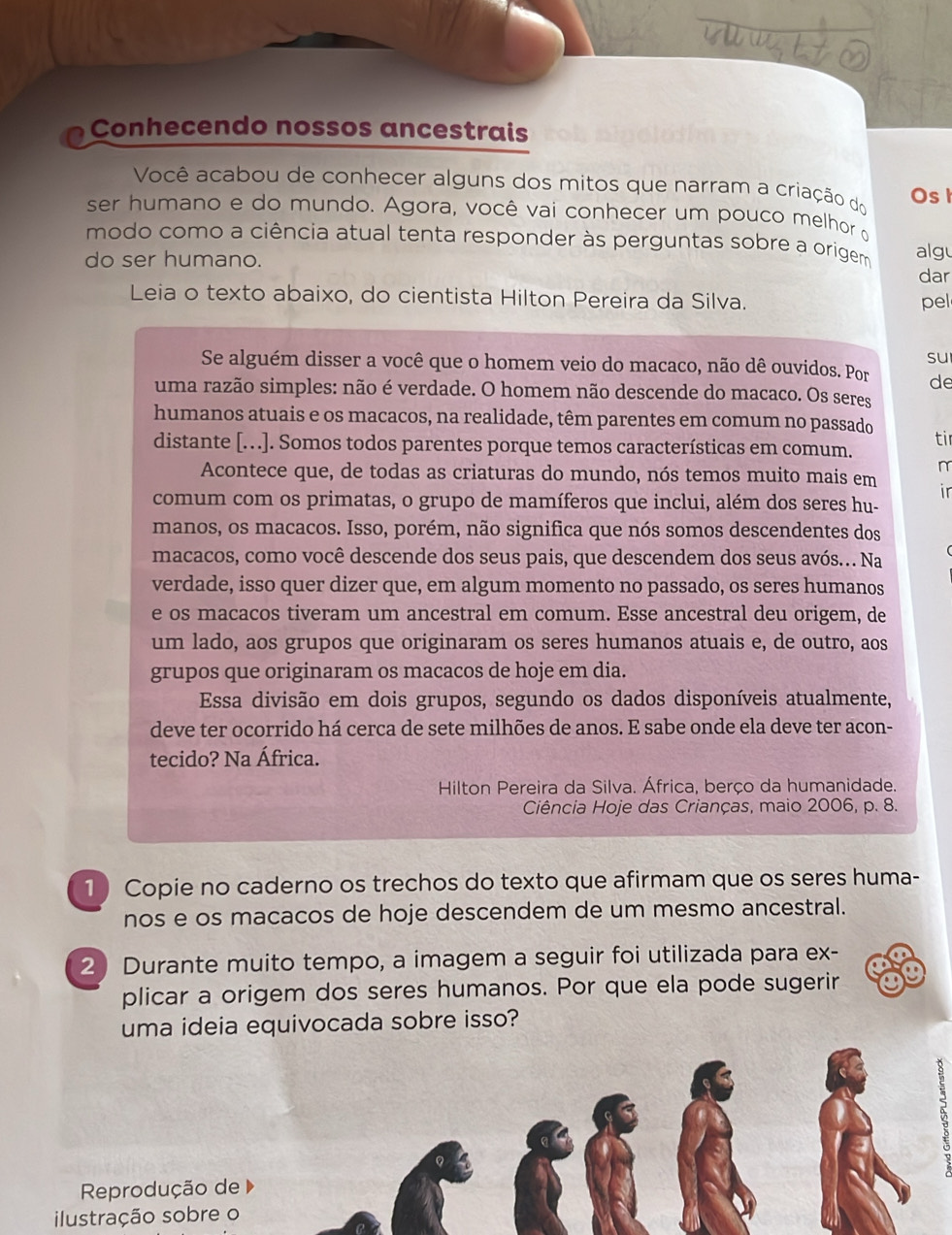 Conhecendo nossos ancestrais
Você acabou de conhecer alguns dos mitos que narram a criação do Os
ser humano e do mundo. Agora, você vai conhecer um pouco melhor o
modo como a ciência atual tenta responder às perguntas sobre a origem alg
do ser humano.
dar
Leia o texto abaixo, do cientista Hilton Pereira da Silva. pel
su
Se alguém disser a você que o homem veio do macaco, não dê ouvidos. Por de
uma razão simples: não é verdade. O homem não descende do macaco. Os seres
humanos atuais e os macacos, na realidade, têm parentes em comum no passado
distante [..]. Somos todos parentes porque temos características em comum.
tir
m
Acontece que, de todas as criaturas do mundo, nós temos muito mais em ir
comum com os primatas, o grupo de mamíferos que inclui, além dos seres hu-
manos, os macacos. Isso, porém, não significa que nós somos descendentes dos
macacos, como você descende dos seus pais, que descendem dos seus avós... Na
verdade, isso quer dizer que, em algum momento no passado, os seres humanos
e os macacos tiveram um ancestral em comum. Esse ancestral deu origem, de
um lado, aos grupos que originaram os seres humanos atuais e, de outro, aos
grupos que originaram os macacos de hoje em dia.
Essa divisão em dois grupos, segundo os dados disponíveis atualmente,
deve ter ocorrido há cerca de sete milhões de anos. E sabe onde ela deve ter acon-
tecido? Na África.
Hilton Pereira da Silva. África, berço da humanidade.
Ciência Hoje das Crianças, maio 2006, p. 8.
1 Copie no caderno os trechos do texto que afirmam que os seres huma-
nos e os macacos de hoje descendem de um mesmo ancestral.
2 Durante muito tempo, a imagem a seguir foi utilizada para ex-
plicar a origem dos seres humanos. Por que ela pode sugerir
uma ideia equivocada sobre isso?
Reprodução d
ilustração sobre