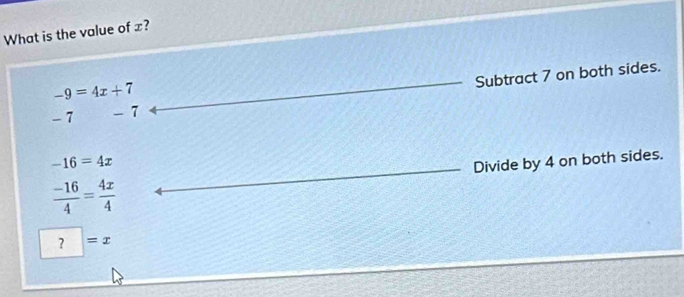 What is the value of x?
-7 - 7 Subtract 7 on both sides.
-9=4x+7
-16=4x
 (-16)/4 = 4x/4  Divide by 4 on both sides.
?=x