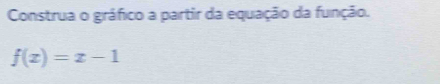 Construa o gráfico a partir da equação da função.
f(x)=x-1