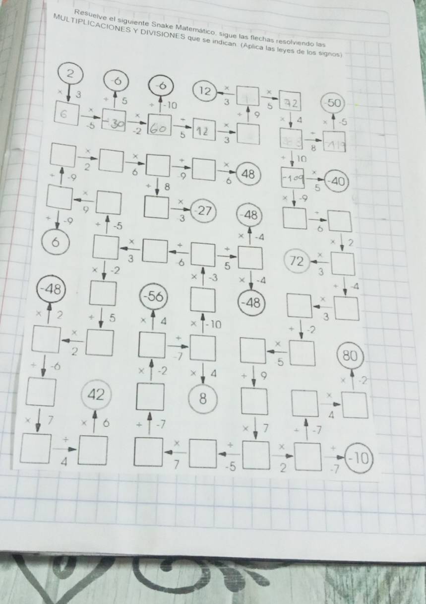 Resuelve el siguiente Snake Matemático, sigue las flechas resolviendo las
MULTIPLICACIONES Y DIVISIONES que se indican (Áplica las