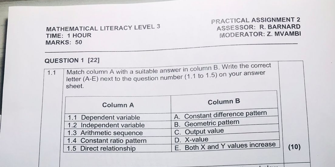 PRACTICAL ASSIGNMENT 2 
MATHEMATICAL LITERACY LEVEL. 3 ASSESSOR:R. BARNARD 
TIME: 1 HOUR MODERATOR: Z. MVAMBI 
MARKS： 50 
QUESTION 1 [22] 
1.1 Match column A with a suitable answer in column B. Write the correct 
letter (A-E) next to the question number (1.1 to 1.5) on your answer 
sheet. 
0)