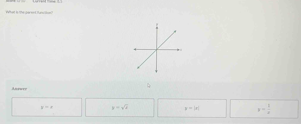 Current Time: 8.5
What is the parent function?
Answer
y=x
y=sqrt(x)
y=|x|
y= 1/x 