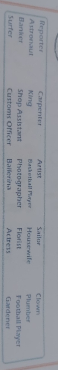 Reporter Carpenter Artist Sailor Clown
Astronaut King Basketball Player Housewife Plumber
Banker Shop Assistant Photographer Florist Football Player
Surfer Customs Officer Ballerina Actress Gardener