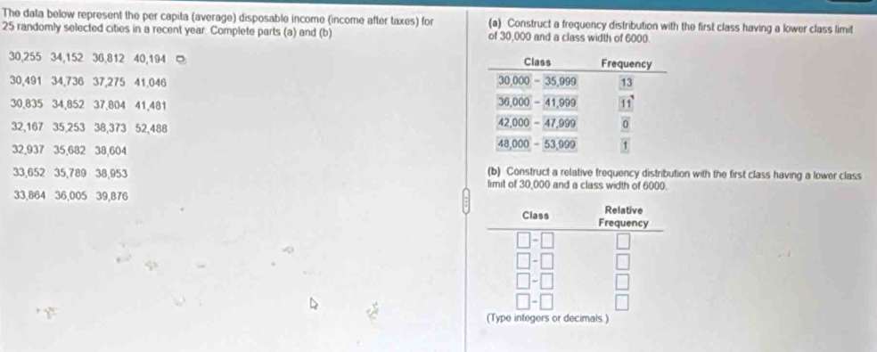 The data below represent the per capita (average) disposable income (income after taxes) for (a) Construct a frequency distribution with the first class having a lower class limit
25 randomly selected cities in a recent year. Complete parts (a) and (b) of 30,000 and a class width of 6000
30,255 34,152 36,812 40,194  
30,491 34,736 37,275 41,046 
30,835 34,852 37,804 41,481
32,167 35,253 38,373 52,488 
32,937 35,682 38,604 
33,652 35,789 38,953 (b) Construct a relative frequency distribution with the first class having a lower class
Iimit of 30,000 and a class width of 6000.
33,864 36,005 39,876 Relative
Class Frequency
□ -□ □
□ -□ □
□ -□ □
□ -□ □
(Type integers or decimals.)