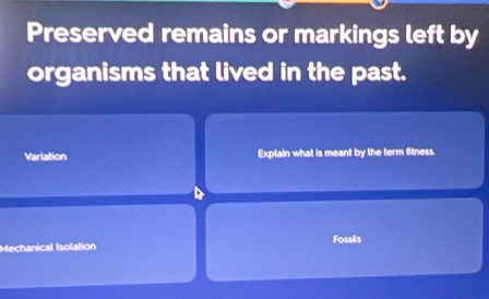 Preserved remains or markings left by
organisms that lived in the past.
Variation Explain what is meant by the term fitness.
Mechanical Isolation Fossils