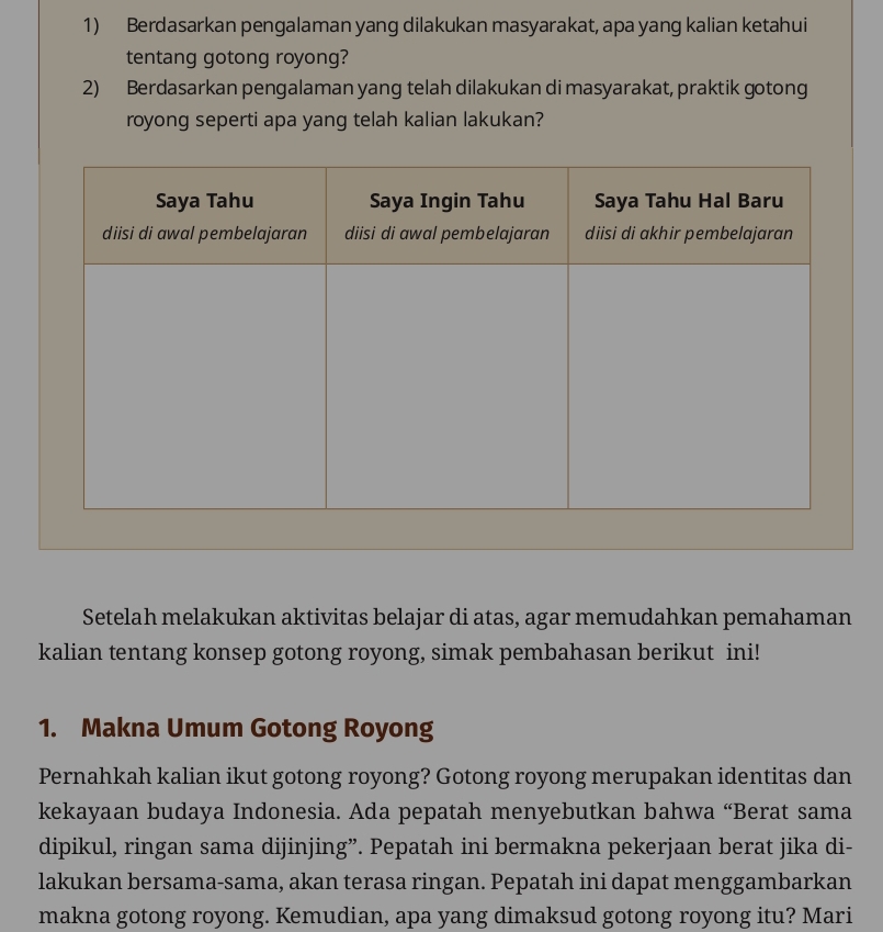 Berdasarkan pengalaman yang dilakukan masyarakat, apa yang kalian ketahui 
tentang gotong royong? 
2) Berdasarkan pengalaman yang telah dilakukan di masyarakat, praktik gotong 
royong seperti apa yang telah kalian lakukan? 
Setelah melakukan aktivitas belajar di atas, agar memudahkan pemahaman 
kalian tentang konsep gotong royong, simak pembahasan berikut ini! 
1. Makna Umum Gotong Royong 
Pernahkah kalian ikut gotong royong? Gotong royong merupakan identitas dan 
kekayaan budaya Indonesia. Ada pepatah menyebutkan bahwa “Berat sama 
dipikul, ringan sama dijinjing”. Pepatah ini bermakna pekerjaan berat jika di- 
lakukan bersama-sama, akan terasa ringan. Pepatah ini dapat menggambarkan 
makna gotong royong. Kemudian, apa yang dimaksud gotong royong itu? Mari