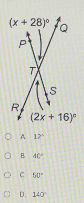 A. 12°
B. 40°
C. 50°
D. 140°