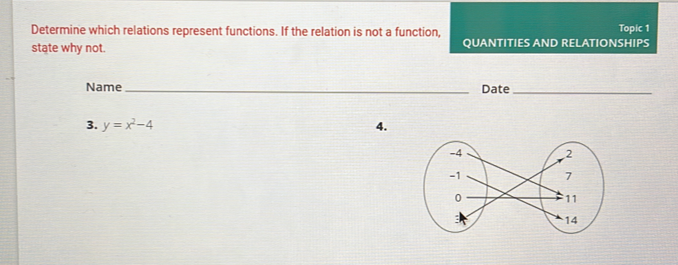 Determine which relations represent functions. If the relation is not a function, Topic 1 
state why not. QUANTITIES AND RELATIONSHIPS 
Name _Date_ 
3. y=x^2-4 4.