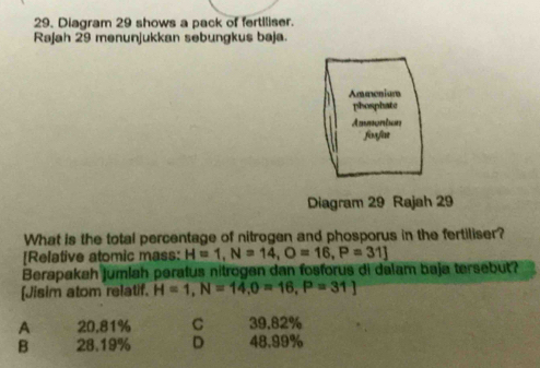 Diagram 29 shows a pack of fertiliser.
Rəjah 29 menunjukkan sebungkus baja.
Ammeniun
phosphate
Aamonion
fürfèr
Diagram 29 Rajah 29
What is the total percentage of nitrogen and phosporus in the fertiliser?
[Relative atomic mass: H=1, N=14, O=16, P=31]
Berapakah jumlah peratus nitrogen dan fosforus di dalam baja tersebut?
[Jisim atom relatif. H=1, N=14, O=16, P=31]
A 20.81% C 39.82%
B 28.19% D 48.99%