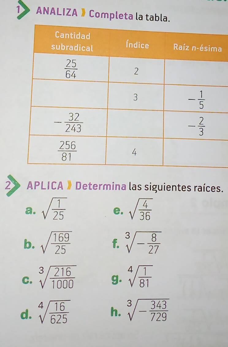 1》 ANALIZA 》Completa la tabla.
a
2» APLICA 》 Determina las siguientes raíces.
a. sqrt(frac 1)25 sqrt(frac 4)36
e.
b. sqrt(frac 169)25 sqrt[3](-frac 8)27
f.
C. sqrt[3](frac 216)1000 sqrt[4](frac 1)81
g.
d. sqrt[4](frac 16)625
h. sqrt[3](-frac 343)729