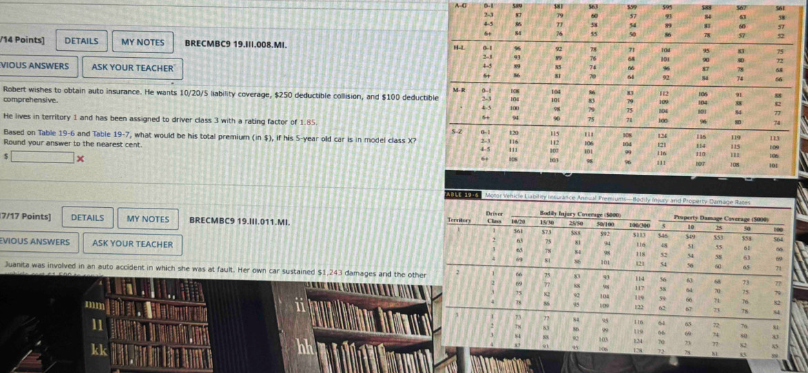 A-G 0-1 589 581 563 559 $95 588 567
2-3 87 79 60 57 93 84 63 3
4-5 86 T 58 54 89 81 60 57
6+ 84 76 55 50  78 D
/14 Points) DETAILS MY NOTES BRECMBC9 19.III.008.MI. 0-1 96 92 78 71 104 95 83 75
H-L 76 68 101 90 80 72
2-3 93 89
4-5 89 85 74 66 96 87 7x 68
VIOUS ANSWERS ASK YOUR TEACHER 6+ 86 s1 70 64 92 84 74 66
M- R
Robert wishes to obtain auto insurance. He wants 10/20/5 liability coverage, $250 deductible collision, and $100 deductible 0~- ! 108 104 86 8 112 106 91 88
comprehensive. 2-3 104 101 83 79 109 101 84 88 82
4-5 100 98 79 75 104 104
77
He lives in territory 1 and has been assigned to driver class 3 with a rating factor of 1.85.
6+ 94 90 75 71 100 96 80
Based on Table 19-6 and Table 19-7 , what would be his total premium (in $), if his 5-year old car is in model class X? 5-Z 0~1 120 115 111 108 124
Round your answer to the nearest cent. 2-3 116 112 106 104 121 116 114 111 119 113 109
115
4.5 '1 107 101 99
6'
□ * 10S 103 98 96 116 111 107 110 108 106 101
9 907 Motor Venicle Liability Insurance Annual Premiums—Bodily Injury and Property Damage Rates
Driver Bodily Injury Coverage ($000) Property Damage Coverage (5000)
7/17 Points] DETAILS MY NOTES BRECMBC9 19.III.011.MI. Class 10/20 14/30 573 15/50 50/100 100/300 $113 $-16 25 50 1oo
5 10
561 588 $92 $49 553 558
VIOUS ANSWERS ASK YOUR TEACHER 94 116 48 51 55 61 564
63 81
65 78 84 98 118 52 3 58 63
69 81 86 101 54 56 60 65 1
Juanita was involved in an auto accident in which she was at fault. Her own car sustained $1,243 damages and the other 2 66 75 93 121 119 56 63 68 73
114
x Sy 117 64 70 75 79
. 82 q2 104 59 66 71 76
mm
86 05 109 122 62 67 73 78 51
73 17 84 95 116 64 65 72 76 81
83 86 99 119 66 69 74 80
11 128
88 103
kk 106 124 70 73 ? 82 85
72 78 81 85 89