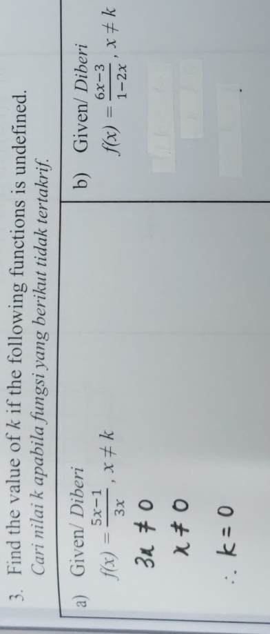 Find the value of k if the following functions is undefined.
Cari nilai k apabila fungsi yang berikut tidak tertakrif.