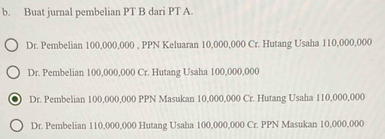 Buat jurnal pembelian PT B dari PT A.
Dr. Pembelian 100,000,000 , PPN Keluaran 10,000,000 Cr. Hutang Usaha 110,000,000
Dr. Pembelian 100,000,000 Cr. Hutang Usaha 100,000,000
Dr. Pembelian 100,000,000 PPN Masukan 10,000,000 Cr. Hutang Usaha 110,000,000
Dr. Pembelian 110,000,000 Hutang Usaha 100,000,000 Cr. PPN Masukan 10,000,000