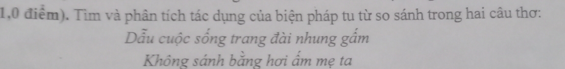 1,0 điểm). Tìm và phân tích tác dụng của biện pháp tu từ so sánh trong hai câu thơ: 
Dẫu cuộc sống trang đài nhung gấm 
Không sánh bằng hơi ấm mẹ ta