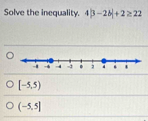 Solve the inequality. 4|3-2b|+2≥ 22
[-5,5)
(-5,5]