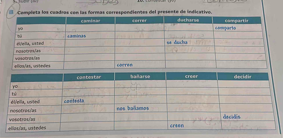 subir (fü) 10. contestar (y5) 
Completa los cuadros con las formas correspondientes del presente de indicativo.