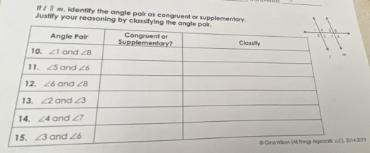 If / ∥ m, identify the angle pair as congruent or supplementary.
Justify your reasoning by classify
19