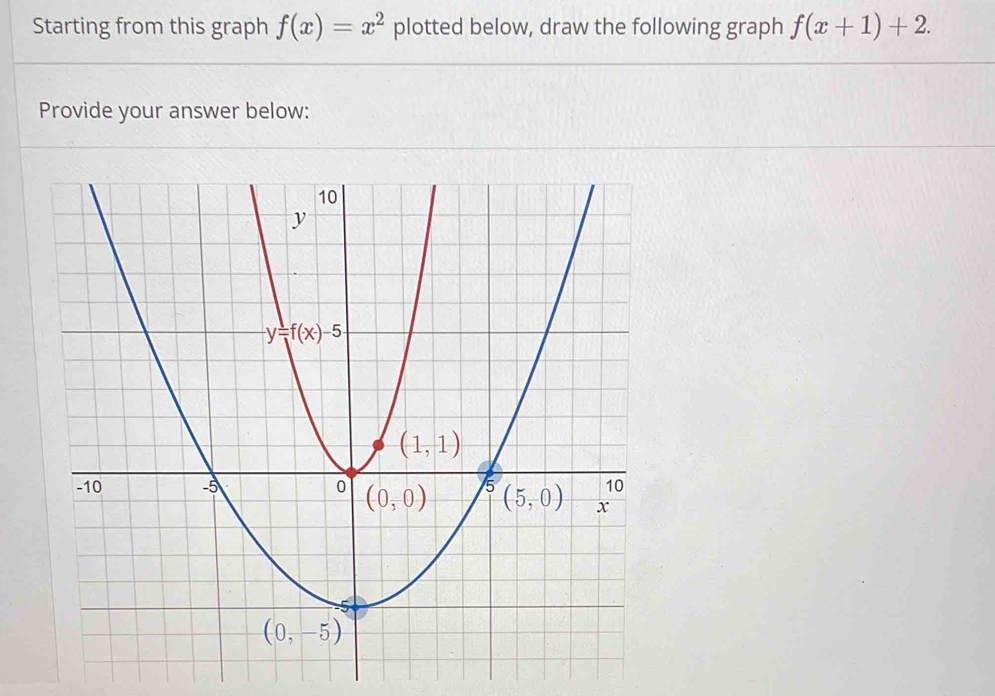 Starting from this graph f(x)=x^2 plotted below, draw the following graph f(x+1)+2.
Provide your answer below: