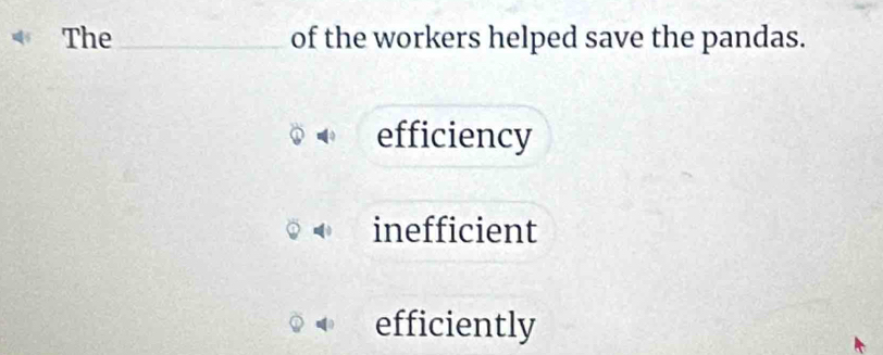 The_ of the workers helped save the pandas.
efficiency
inefficient
efficiently