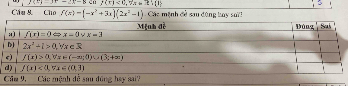 _ f(x)=3x-2x-8cof(x)<0,forall x∈ R| 1  S
Câu 8. Cho f(x)=(-x^2+3x)(2x^2+1). Các mệnh đề sau đúng hay sai?