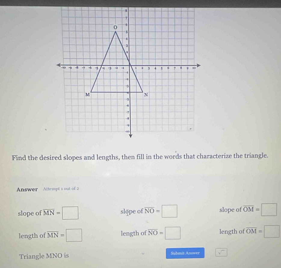 Find the desired slopes and lengths, then fill in the words that characterize the triangle.
Answer Attempt 1 out of 2
slope of overline MN=□ sląpe of overline NO=□ slope of overline OM=□
length of overline MN=□ length of overline NO=□ length of overline OM=□
Triangle MNO is Submit Answer sqrt()