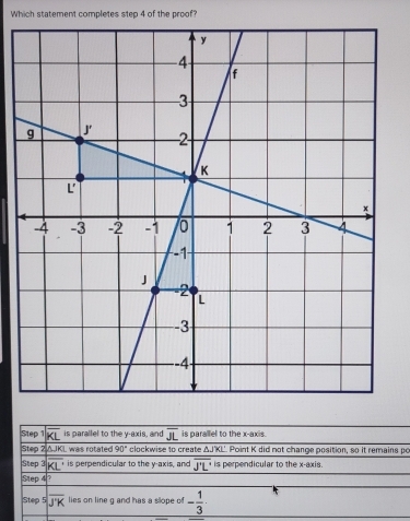 Which statement completes step 4 of the proof?
Step overline KL is parallel to the y-axis, and overline JL is parallel to the x-axis.
Step 2. ΔJKL was rotated 90° clockwise to create △ JKL Point K did not change position, so it remains po
Step 3 overline KL is perpendicular to the y-axis, and overline J'L' is perpendicular to the x-axis.
Step
Step 5 overline J'K lies on line g and has a slope of - 1/3 ·