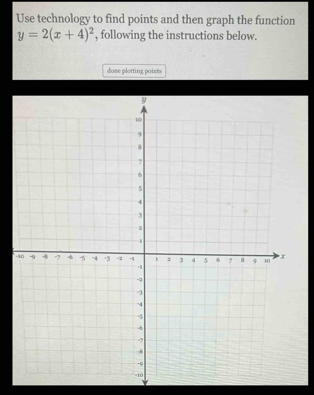 Use technology to find points and then graph the function
y=2(x+4)^2 , following the instructions below. 
done plotting points