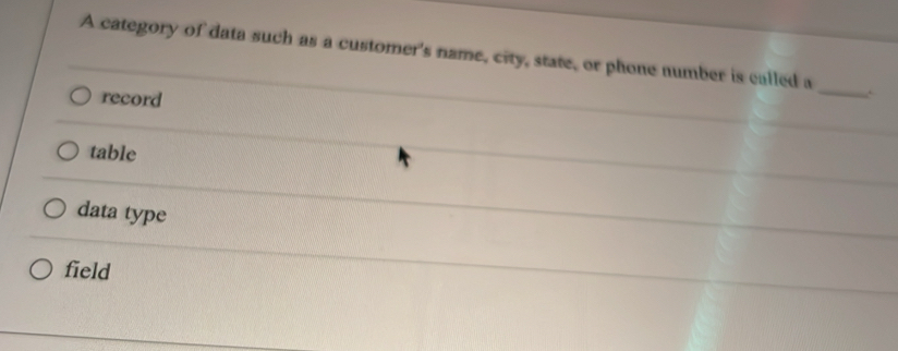 A category of data such as a customer's name, city, state, or phone number is called a
record
_
table
data type
field