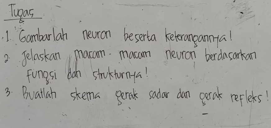 Tupas 
1. Gambarlan nevron beserta keteranpanna! 
2 Jelaskan macam macam nevron berdasarkan 
fungsi dah stuktorntal 
3. Buatlah skema perak sadar dan ootak refleks!