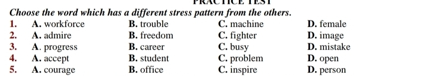 Choose the word which has a different stress pattern from the others.
1. A. workforce B. trouble C. machine D. female
2. A. admire B. freedom C. fighter D. image
3. A. progress B. career C. busy D. mistake
4. A. accept B. student C. problem D. open
5. A. courage B. office C. inspire D. person