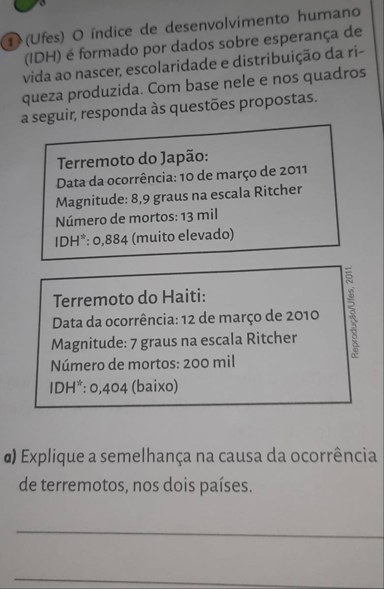 1 (Ufes) O índice de desenvolvimento humano 
(IDH) é formado por dados sobre esperança de 
vida ao nascer, escolaridade e distribuição da ri- 
queza produzida. Com base nele e nos quadros 
a seguir, responda às questões propostas. 
Terremoto do Japão: 
Data da ocorrência: 10 de março de 2011
Magnitude: 8,9 graus na escala Ritcher 
Número de mortos: 13 mil
IDH*: 0,884 (muito elevado) 
Terremoto do Haiti: 
Data da ocorrência: 12 de março de 2010
Magnitude: 7 graus na escala Ritcher 
Número de mortos: 200 mil
IDH*: 0,404 (baixo) 
α) Explique a semelhança na causa da ocorrência 
de terremotos, nos dois países. 
_ 
_