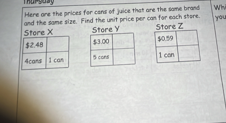 Tharsaay 
Here are the prices for cans of juice that are the same brand Whi 
and the same size. Find the unit price per can for each store. you 
ore X