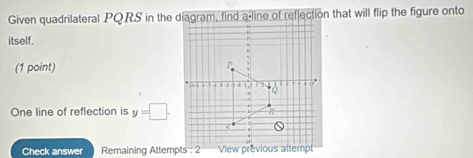 Given quadrilateral PQRS in the diagram, find a-line of reflection that will flip the figure onto 
itself. 
(1 point) 
One line of reflection is y=□. 
Check answer Remaining Attempts : 2