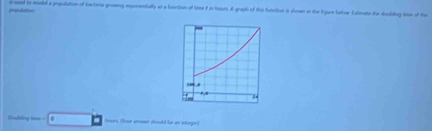 propidation n used to maded a population of lectone groweng exponentially as a function of time t in hours. A graph of ths function is shown in the fgure balour. Eotimate the doubling time of the 
Dudding time- - 6 a Kours (fout anower doould ler an Intager)